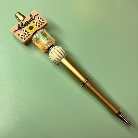 Blessed Mom Sunflower Beaded Pen – Handmade, Gold & Tan - Picture 5 of 6
